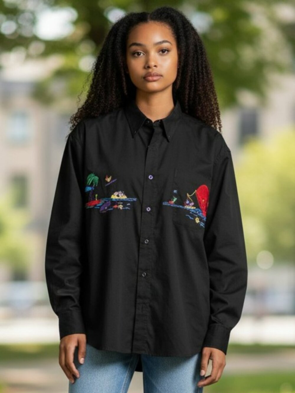Natural Issue Womens Large Black Whale Fish Sea Embroidered Casual Shirt Top L